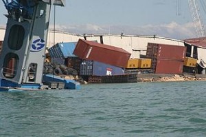 "Coast Guard crewmembers photographed tumbling shipping containers at Port-au-Prince Jan. 13, 2010. Coast Guard personnel arrived in Haiti to assess damage to the ports and waterways after an earthquake ravaged the island Jan. 12, 2010. U.S. Coast Guard photo." (Text From U.S. Coast Guard)