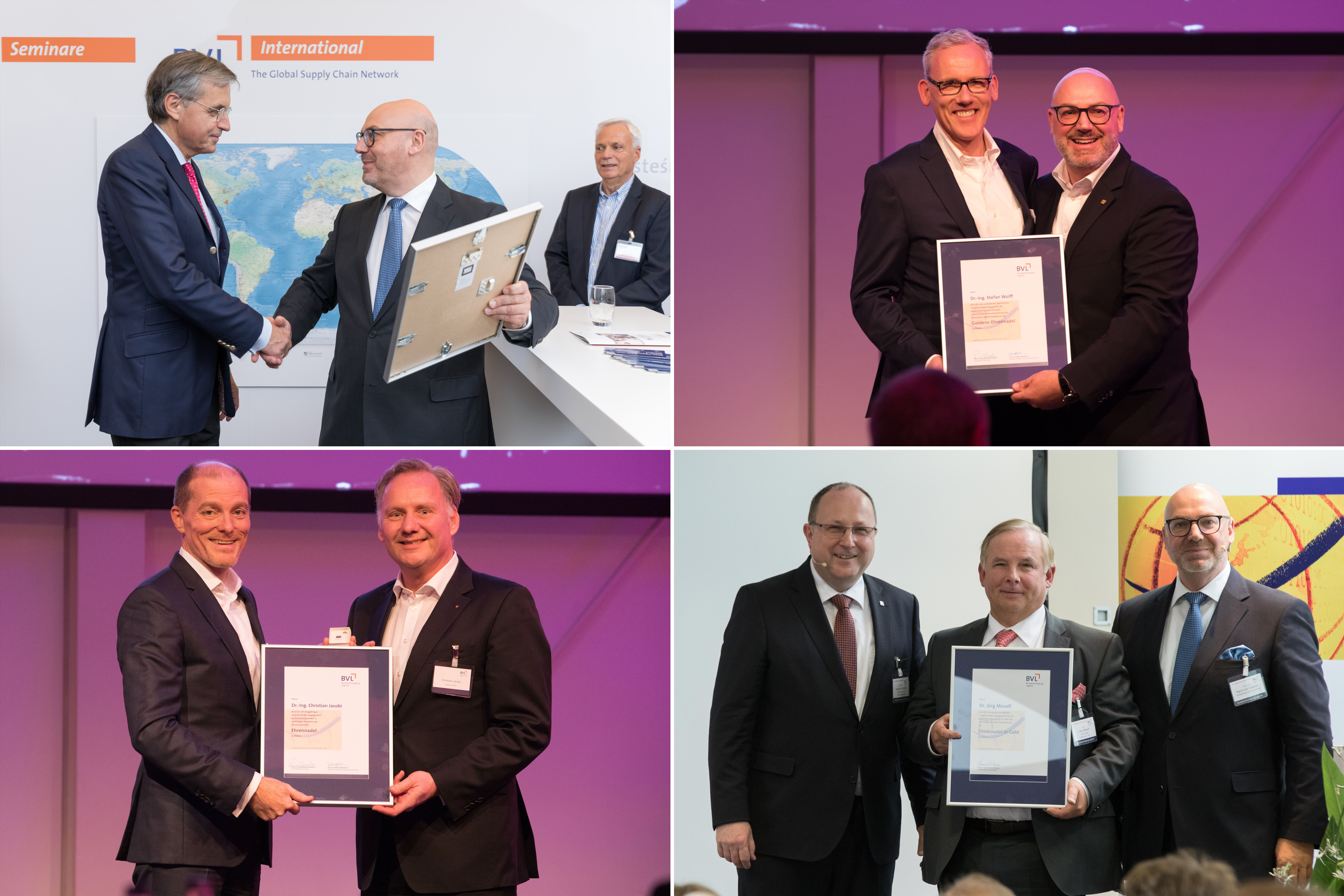Der Vorstand ehrte sein langjähriges Mitglied Dr. Ottmar Gast (oben linkes Bild) mit der Ehrenmitgliedschaft auf Lebenszeit und Rechnungsführer Dr.-Ing. Stefan Wolff (oben rechtes Bild) mit der goldenen Ehrennadel. Die Ehrennadel erhielten der Vorsitzende des BVL-Förderbeirats Dr. Christian Jacobi (unten linkes Bild) und der im Förderbeirat der DAV aktive Unternehmer Dr. Jörg Mosolf (unten rechtes Bild).